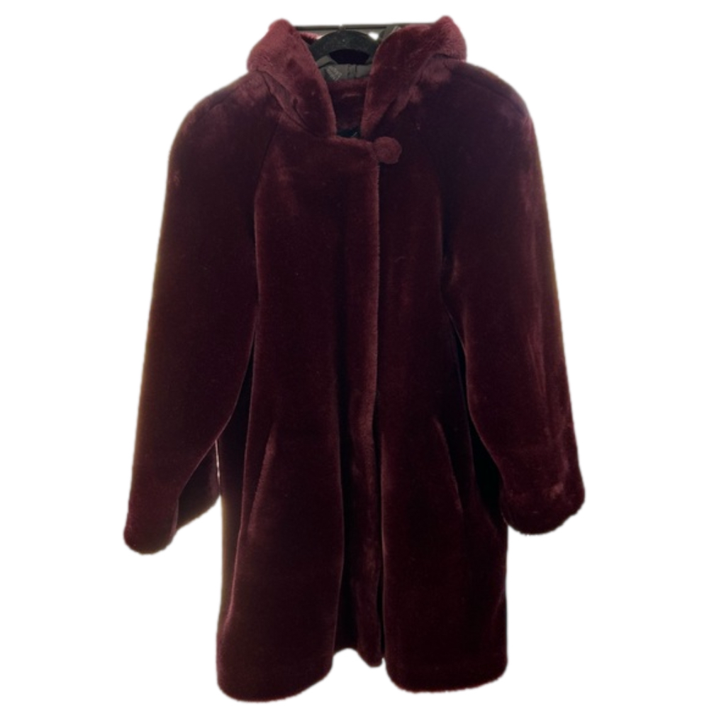 Dennis Basso Vintage Faux Fur Hooded Coat Burgundy Size Medium* Zip Luxury